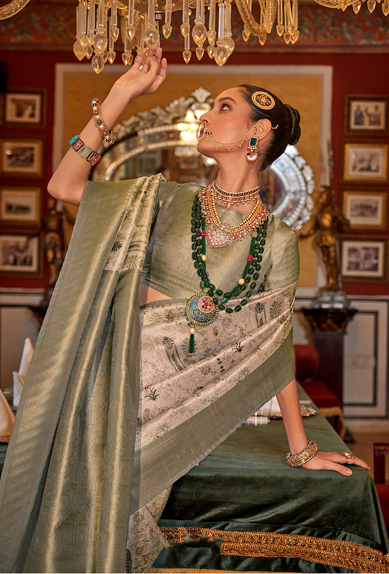 Monjolika Fashion Tussar Silk Digital Print Zari Border Light Olive Contemporary Saree
