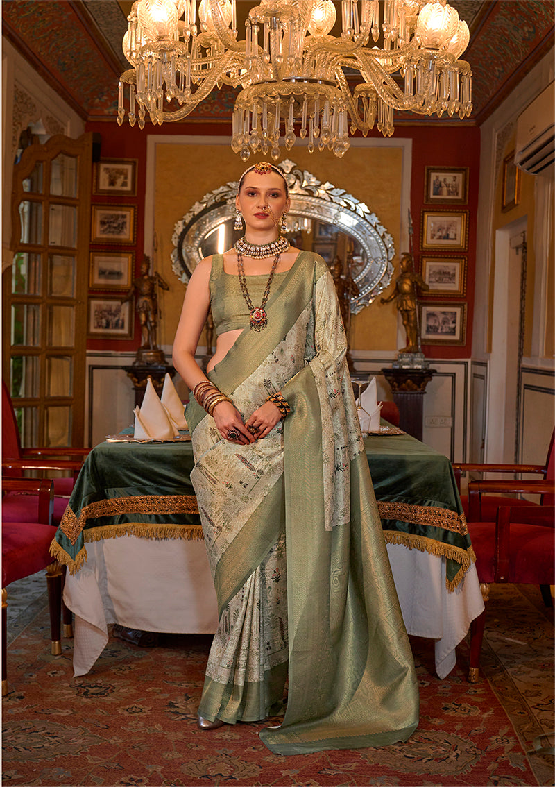 Monjolika Fashion Tussar Silk Digital Print Zari Border Light Green Contemporary Saree