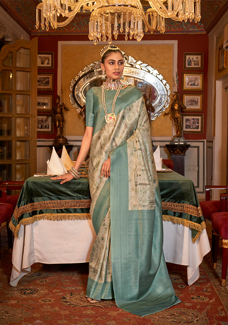 Monjolika Fashion Tussar Silk Digital Print Zari Border Light Turquoise Contemporary Saree