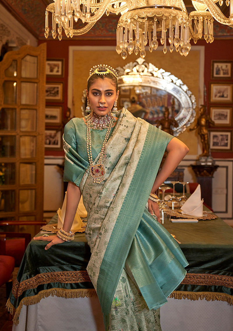 Monjolika Fashion Tussar Silk Digital Print Zari Border Light Turquoise Contemporary Saree