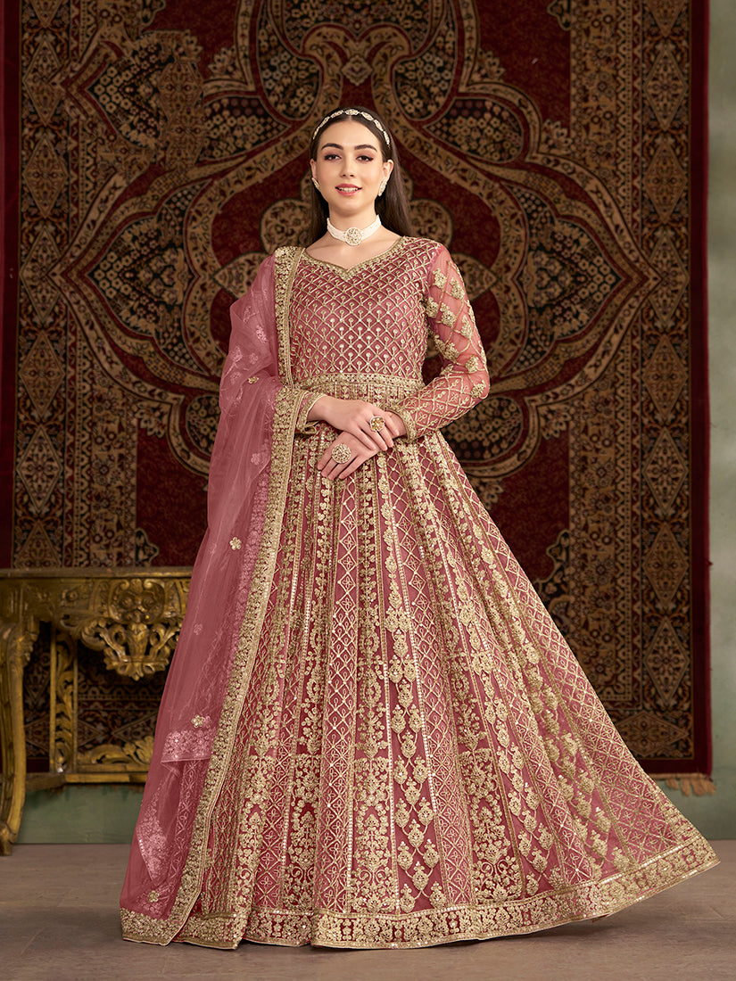 Monjolika Fashion Pink Color Embroidered Santoon Net Salwar Suit