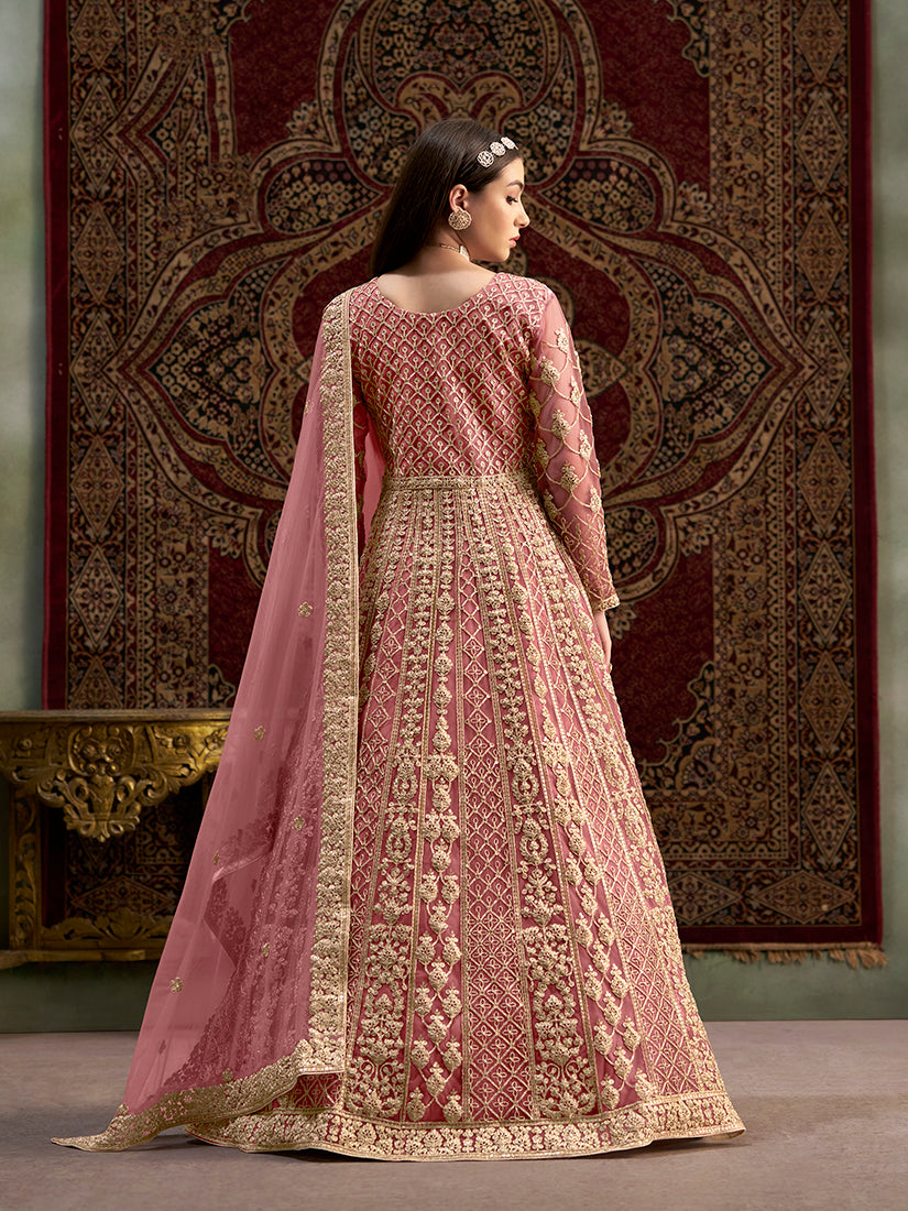 Monjolika Fashion Pink Color Embroidered Santoon Net Salwar Suit