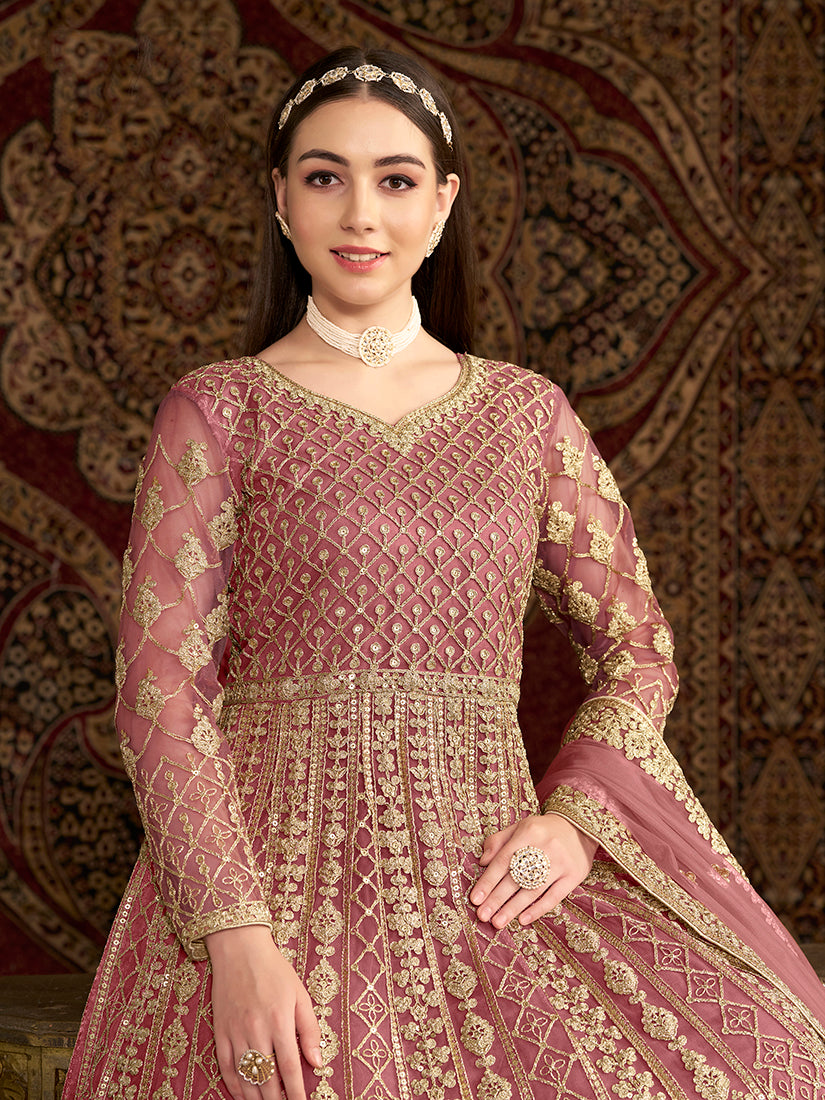 Monjolika Fashion Pink Color Embroidered Santoon Net Salwar Suit