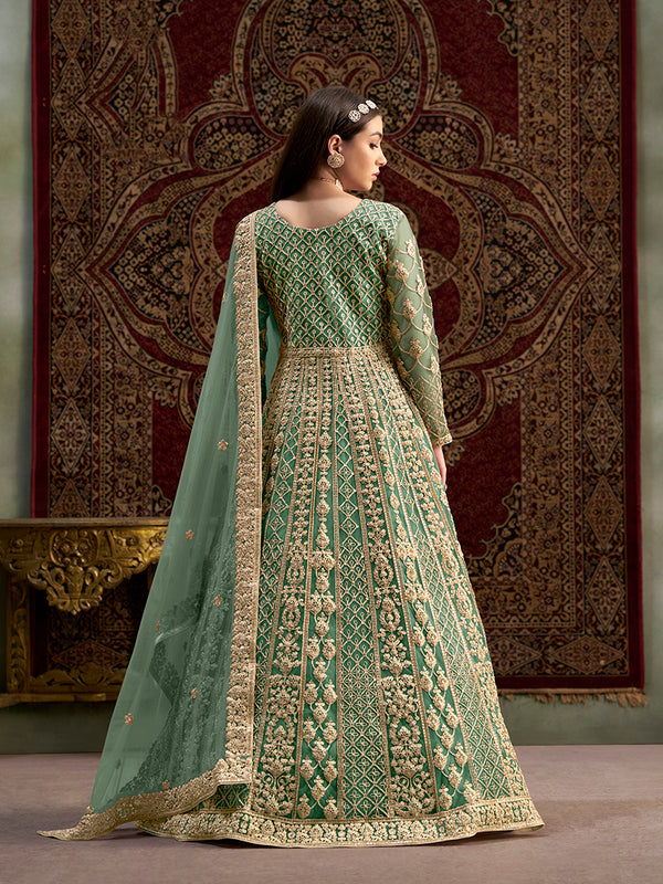Monjolika Fashion Light-Green Color Embroidered Santoon Net Salwar Suit