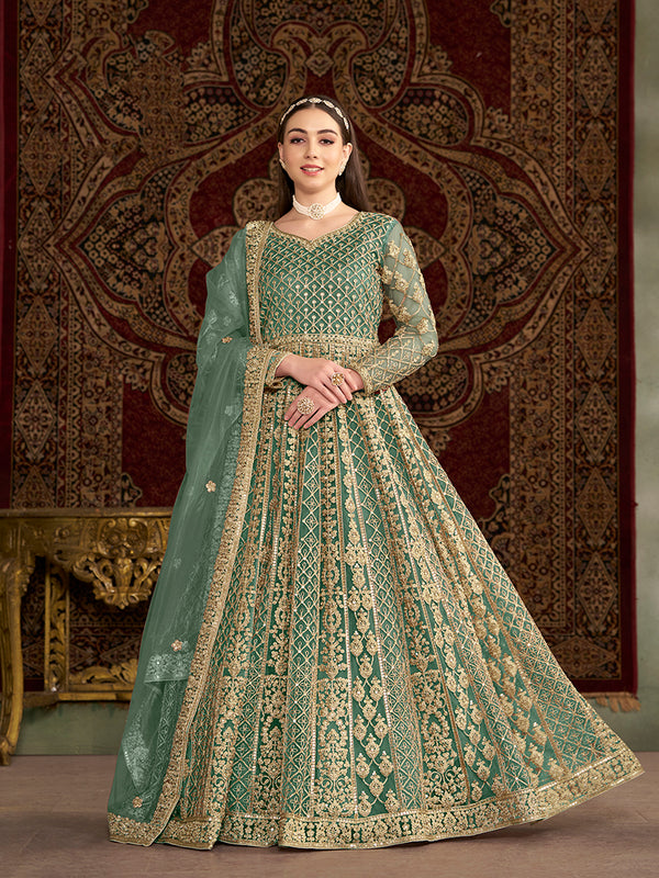 Monjolika Fashion Light-Green Color Embroidered Santoon Net Salwar Suit