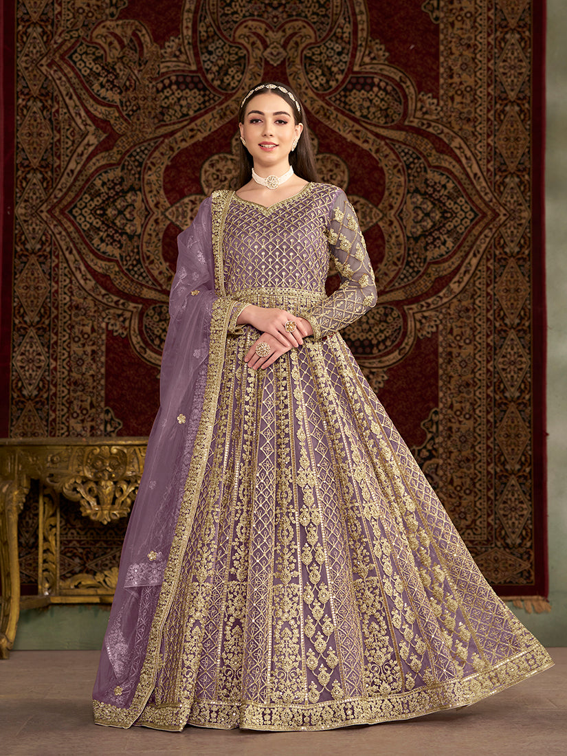Monjolika Fashion Lilac Color Embroidered Santoon Net Salwar Suit