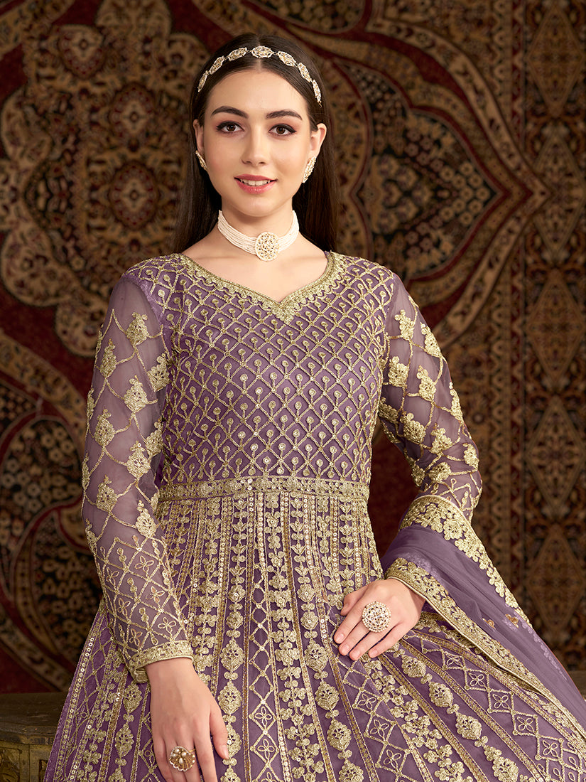 Monjolika Fashion Lilac Color Embroidered Santoon Net Salwar Suit