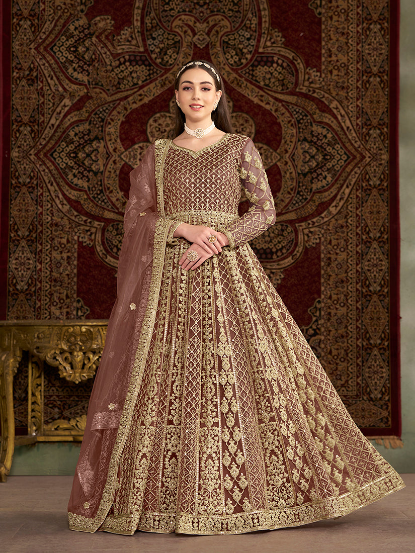 Monjolika Fashion Brown Color Embroidered Santoon Net Salwar Suit