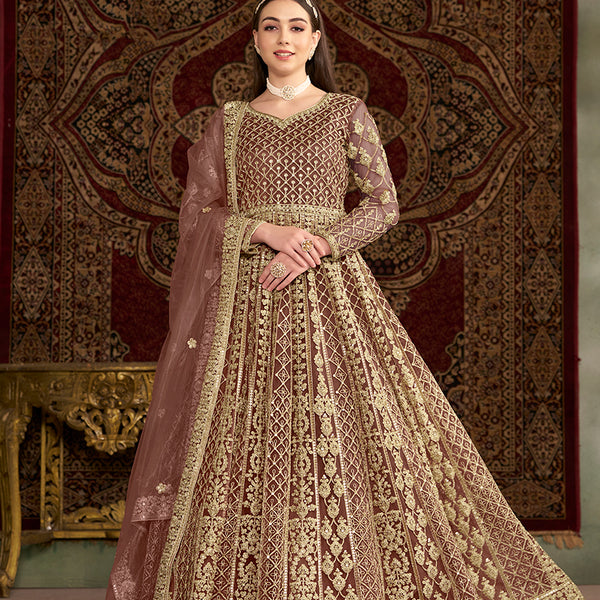 Monjolika Fashion Brown Color Embroidered Santoon Net Salwar Suit
