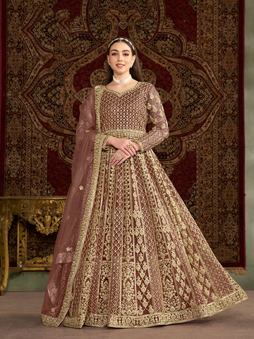 Monjolika Fashion Brown Color Embroidered Santoon Net Salwar Suit - Distacart
