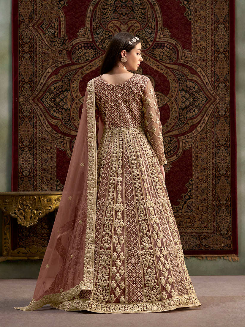 Monjolika Fashion Brown Color Embroidered Santoon Net Salwar Suit