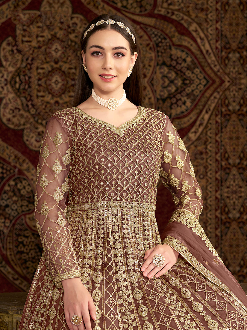 Monjolika Fashion Brown Color Embroidered Santoon Net Salwar Suit