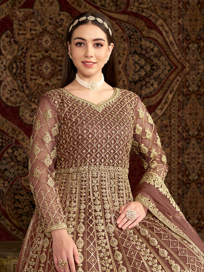 Monjolika Fashion Brown Color Embroidered Santoon Net Salwar Suit - Distacart