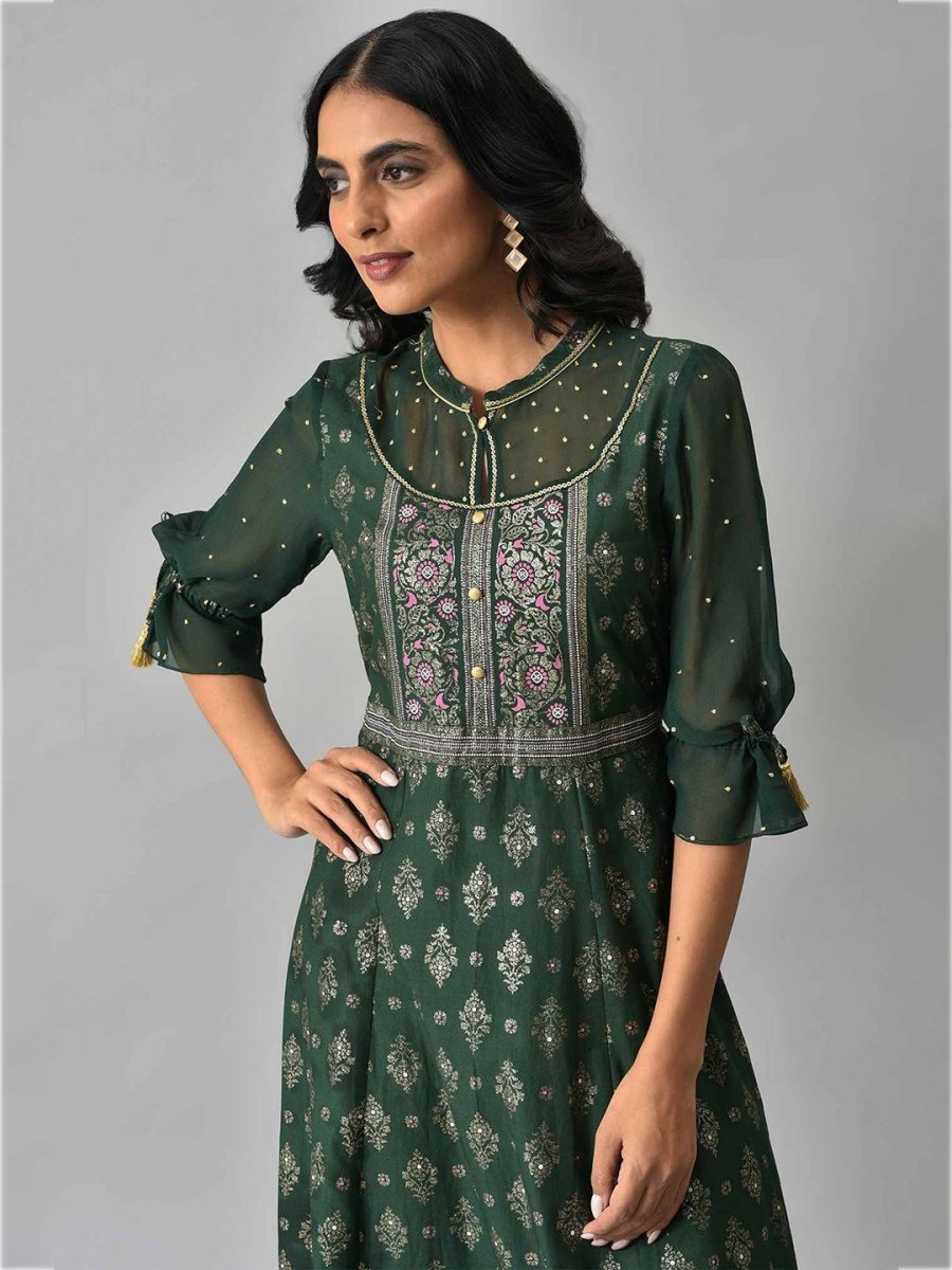 AURELIA Green & Pink Ethnic Motifs Pure Cotton Maxi Ethnic Dress - Distacart