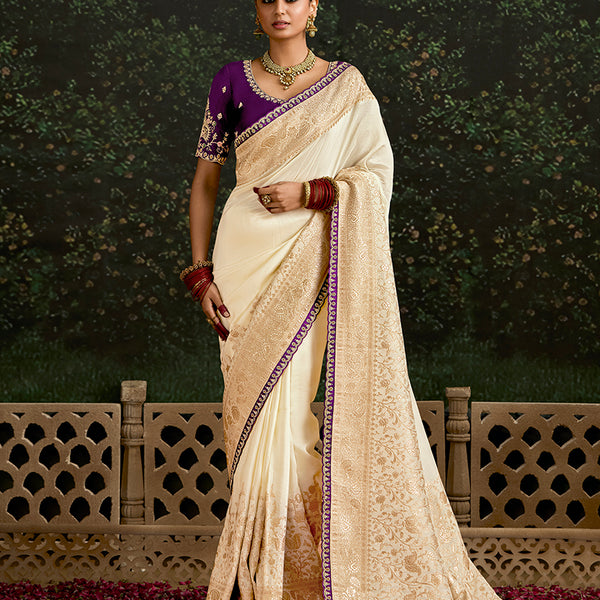 Monjolika Fashion Sequins Embroidered Border Work Dola Silk Cream Reception Classic Saree