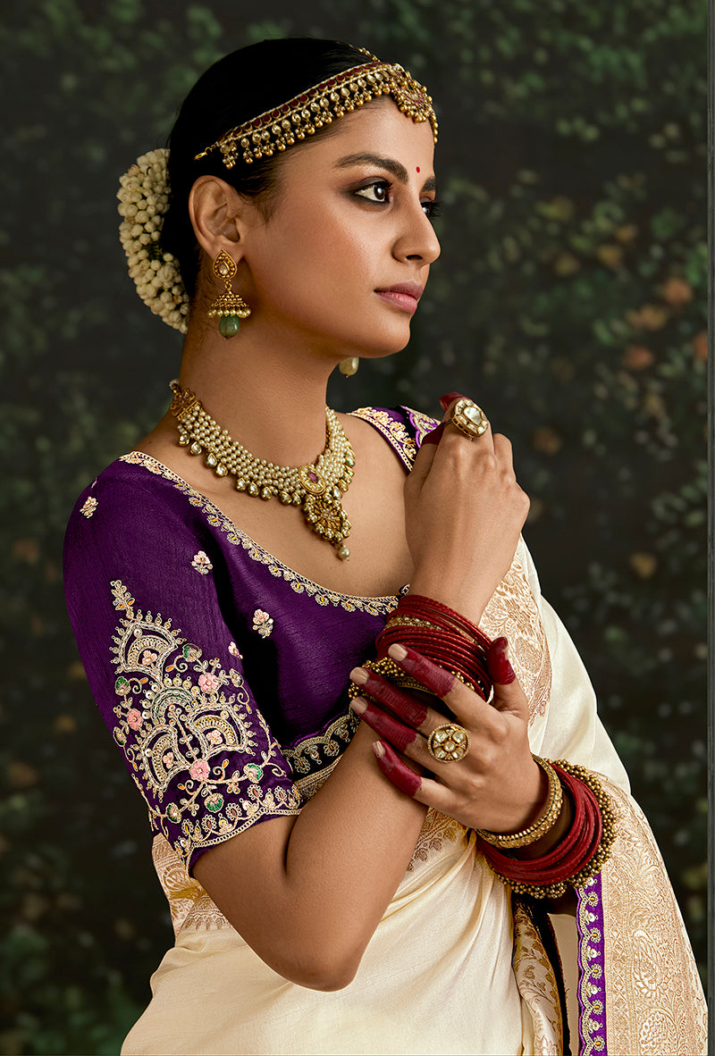 Monjolika Fashion Sequins Embroidered Border Work Dola Silk Cream Reception Classic Saree