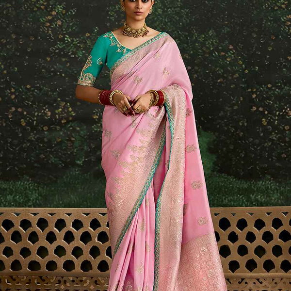 Monjolika Fashion Sequins Embroidered Border Work Dola Silk Pink Reception Classic Saree