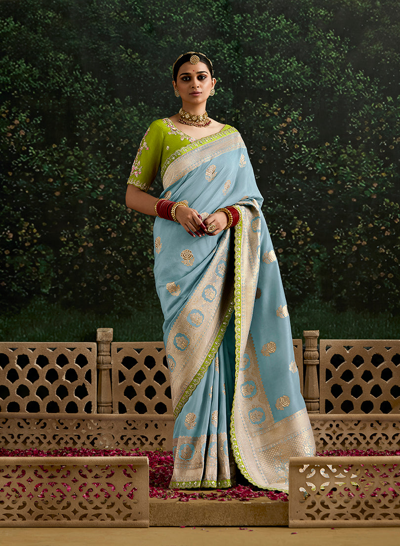 Monjolika Fashion Sequins Embroidered Border Work Dola Silk Aqua Blue Reception Classic Saree