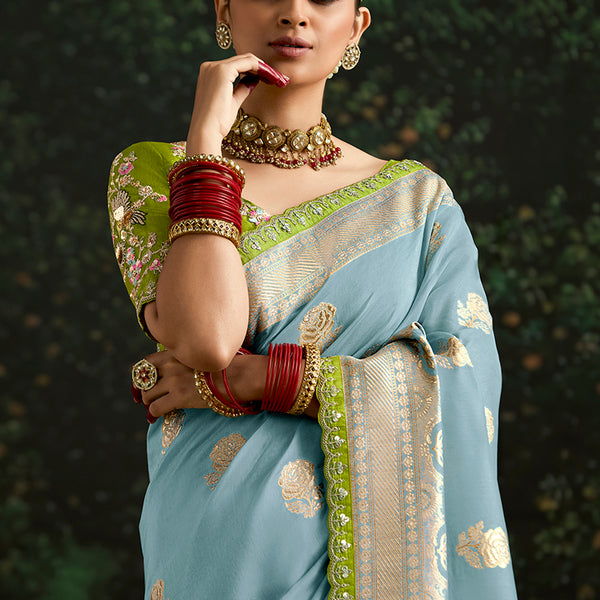 Monjolika Fashion Sequins Embroidered Border Work Dola Silk Aqua Blue Reception Classic Saree