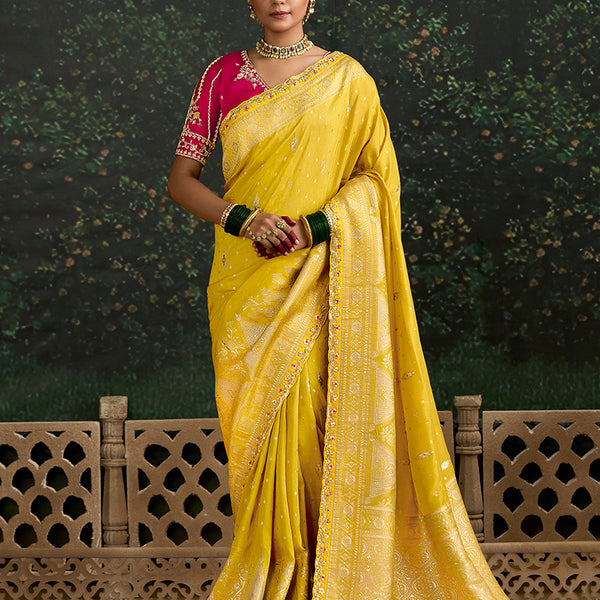 Monjolika Fashion Sequins Embroidered Border Work Dola Silk Yellow Reception Classic Saree