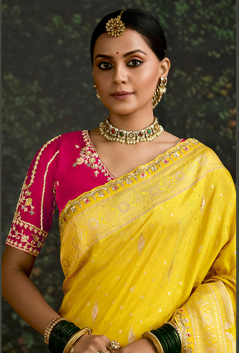 Monjolika Fashion Sequins Embroidered Border Work Dola Silk Yellow Reception Classic Saree