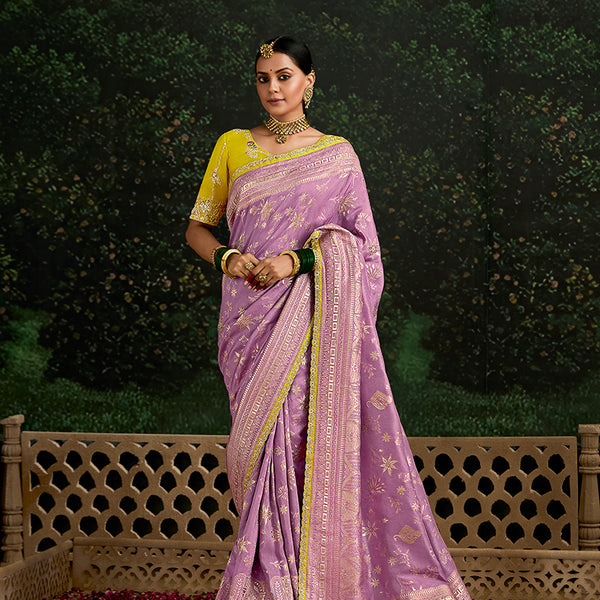 Monjolika Fashion Sequins Embroidered Border Work Dola Silk Lilac Reception Classic Saree