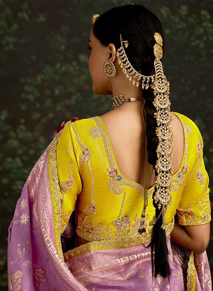 Monjolika Fashion Sequins Embroidered Border Work Dola Silk Lilac Reception Classic Saree