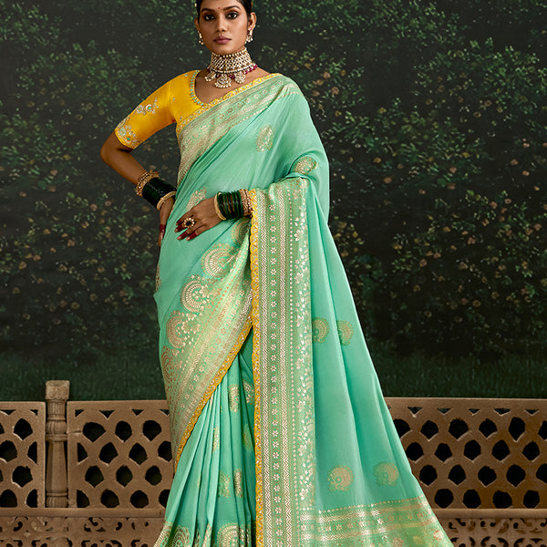 Monjolika Fashion Sequins Embroidered Border Work Dola Silk Turquoise Reception Classic Saree