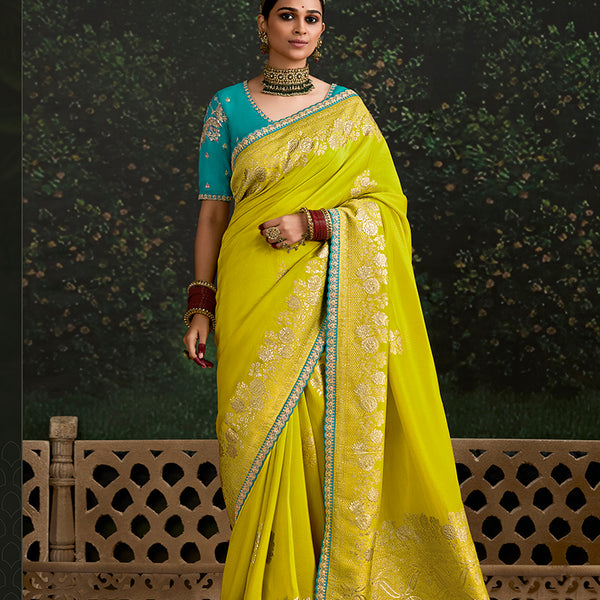 Monjolika Fashion Sequins Embroidered Border Work Dola Silk Light Olive Green Reception Classic Saree