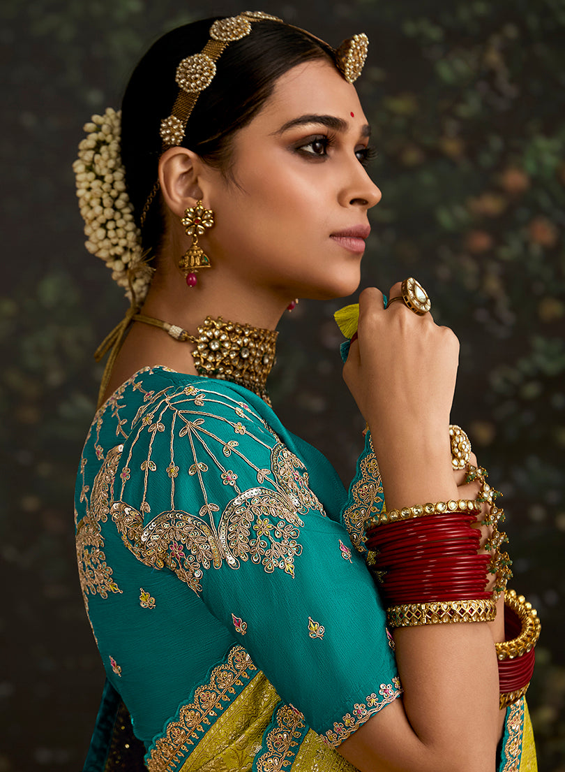 Monjolika Fashion Sequins Embroidered Border Work Dola Silk Light Olive Green Reception Classic Saree