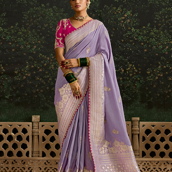 Monjolika Fashion Sequins Embroidered Border Work Dola Silk Lavender Reception Classic Saree