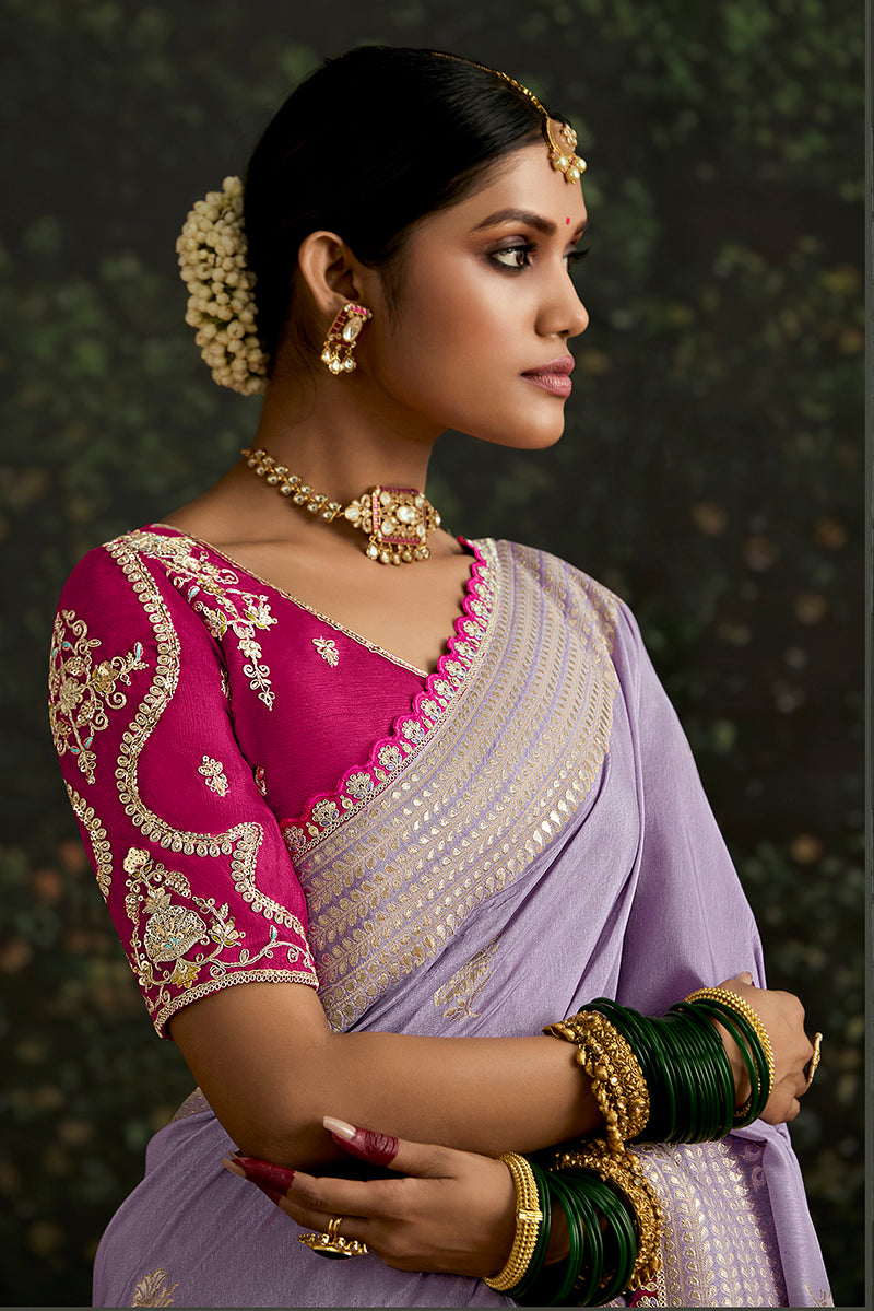 Monjolika Fashion Sequins Embroidered Border Work Dola Silk Lavender Reception Classic Saree