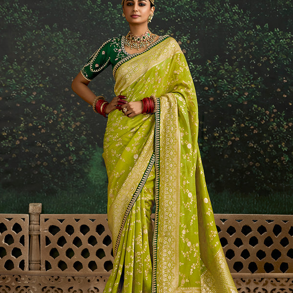 Monjolika Fashion Sequins Embroidered Border Work Dola Silk Pear Reception Classic Saree