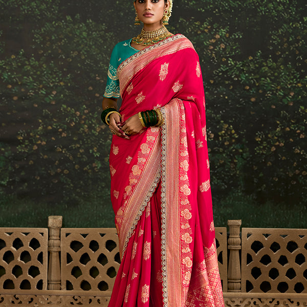 Monjolika Fashion Sequins Embroidered Border Work Dola Silk Crimson Reception Classic Saree