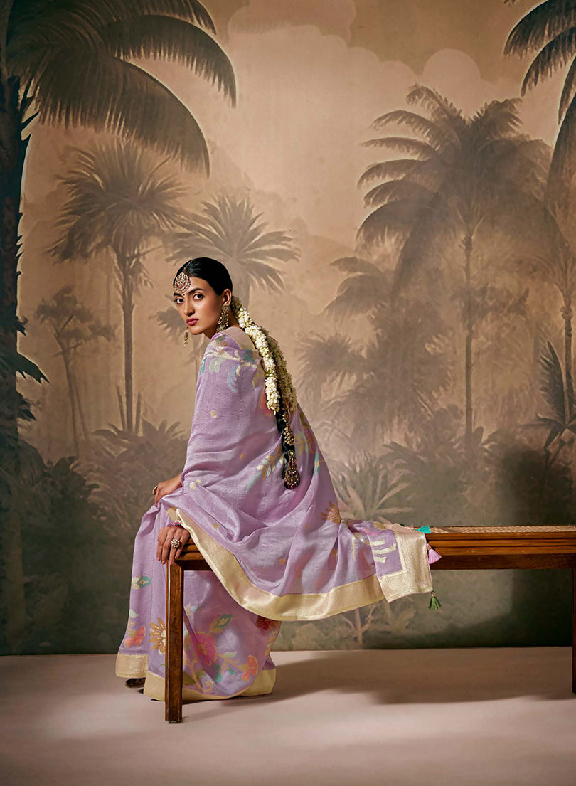 Monjolika Fashion Silk Floral Pattern Zari Work Lavender Contemporary Saree