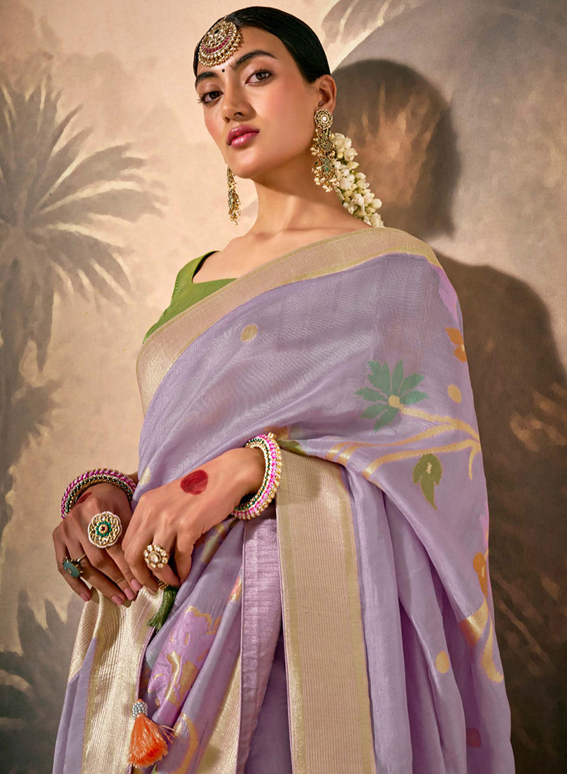 Monjolika Fashion Silk Floral Pattern Zari Work Lavender Contemporary Saree