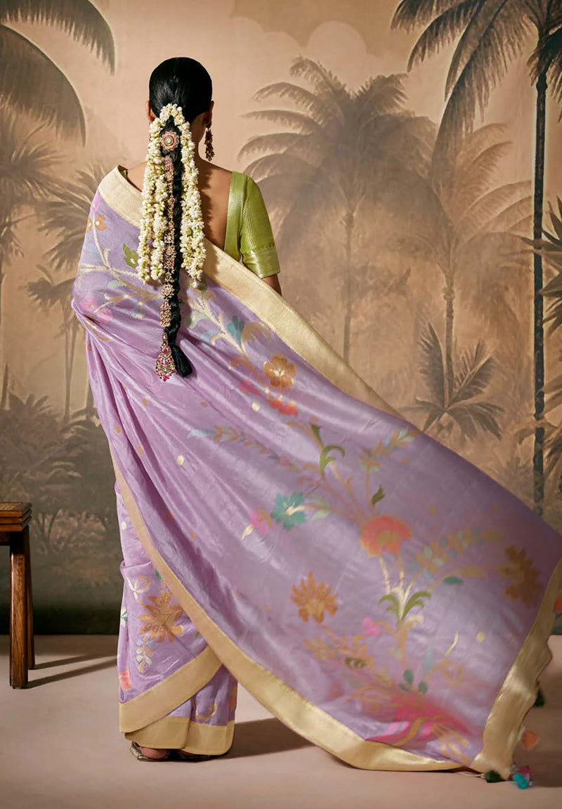 Monjolika Fashion Silk Floral Pattern Zari Work Lavender Contemporary Saree