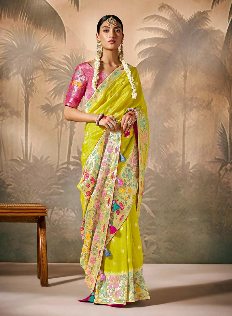 Monjolika Fashion Silk Floral Pattern Zari Work Pear Contemporary Saree