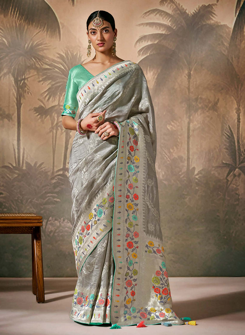 Monjolika Fashion Silk Floral Pattern Zari Work Grey Contemporary Saree