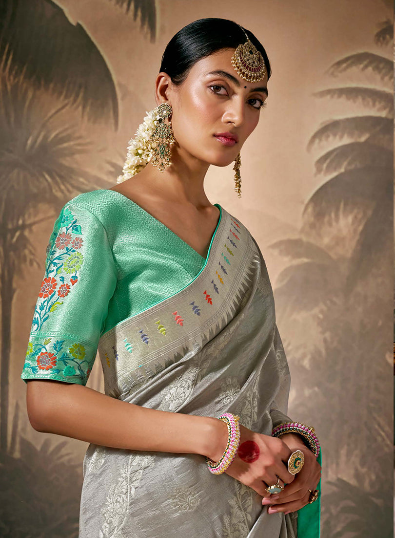 Monjolika Fashion Silk Floral Pattern Zari Work Grey Contemporary Saree