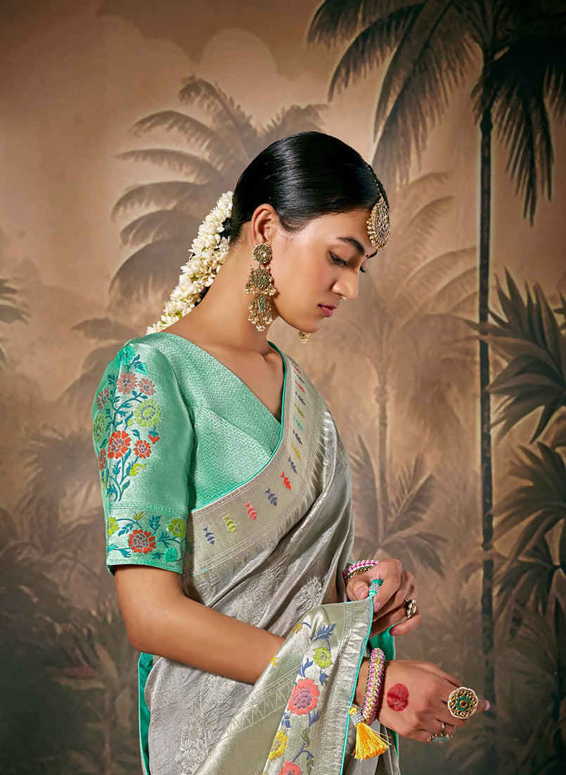 Monjolika Fashion Silk Floral Pattern Zari Work Grey Contemporary Saree