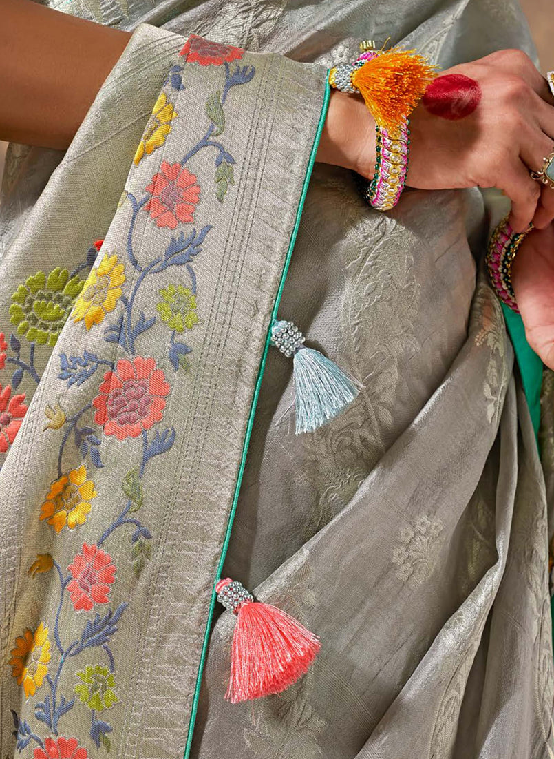 Monjolika Fashion Silk Floral Pattern Zari Work Grey Contemporary Saree