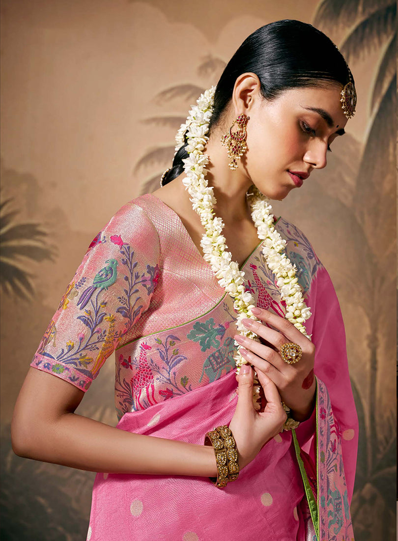 Monjolika Fashion Silk Floral Pattern Zari Work Pink Contemporary Saree - Distacart