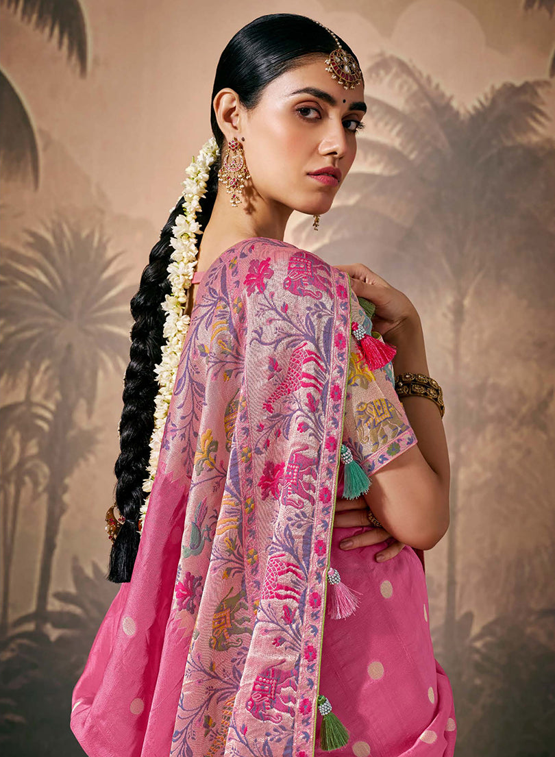 Monjolika Fashion Silk Floral Pattern Zari Work Pink Contemporary Saree