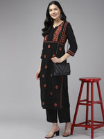 Thumbnail for ADA Ethnic Motifs Embroidered Chikankari Cotton Straight Kurta - Distacart