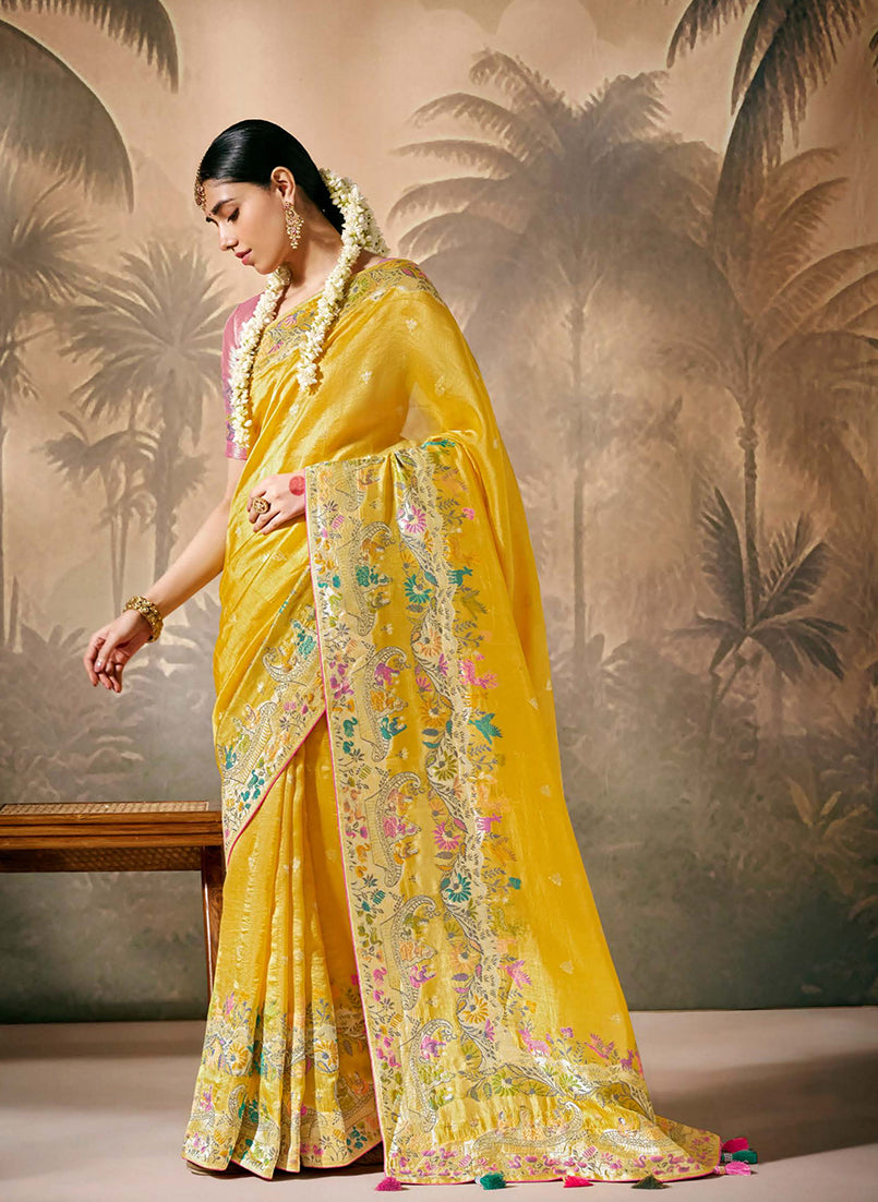Monjolika Fashion Silk Floral Pattern Zari Work Mustard Contemporary Saree