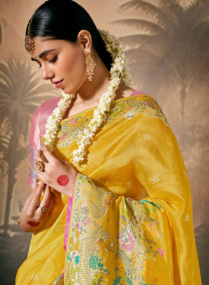 Monjolika Fashion Silk Floral Pattern Zari Work Mustard Contemporary Saree