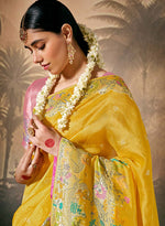 Thumbnail for Monjolika Fashion Silk Floral Pattern Zari Work Mustard Contemporary Saree