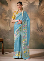 Thumbnail for Monjolika Fashion Silk Floral Pattern Zari Work Sky Blue Contemporary Saree