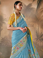 Thumbnail for Monjolika Fashion Silk Floral Pattern Zari Work Sky Blue Contemporary Saree